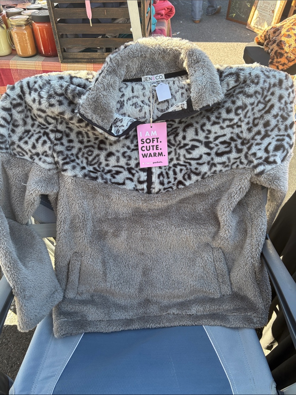 Jen & Co Gray Leopard-Yoke Plush Half-Zip Pullover